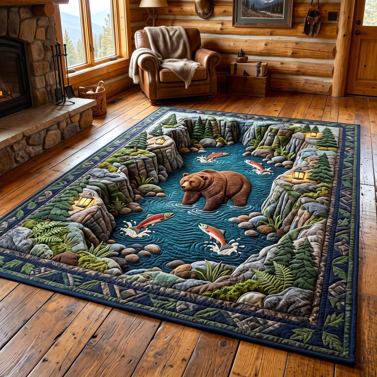 Salmon River Rustic Bear area rug in a living room