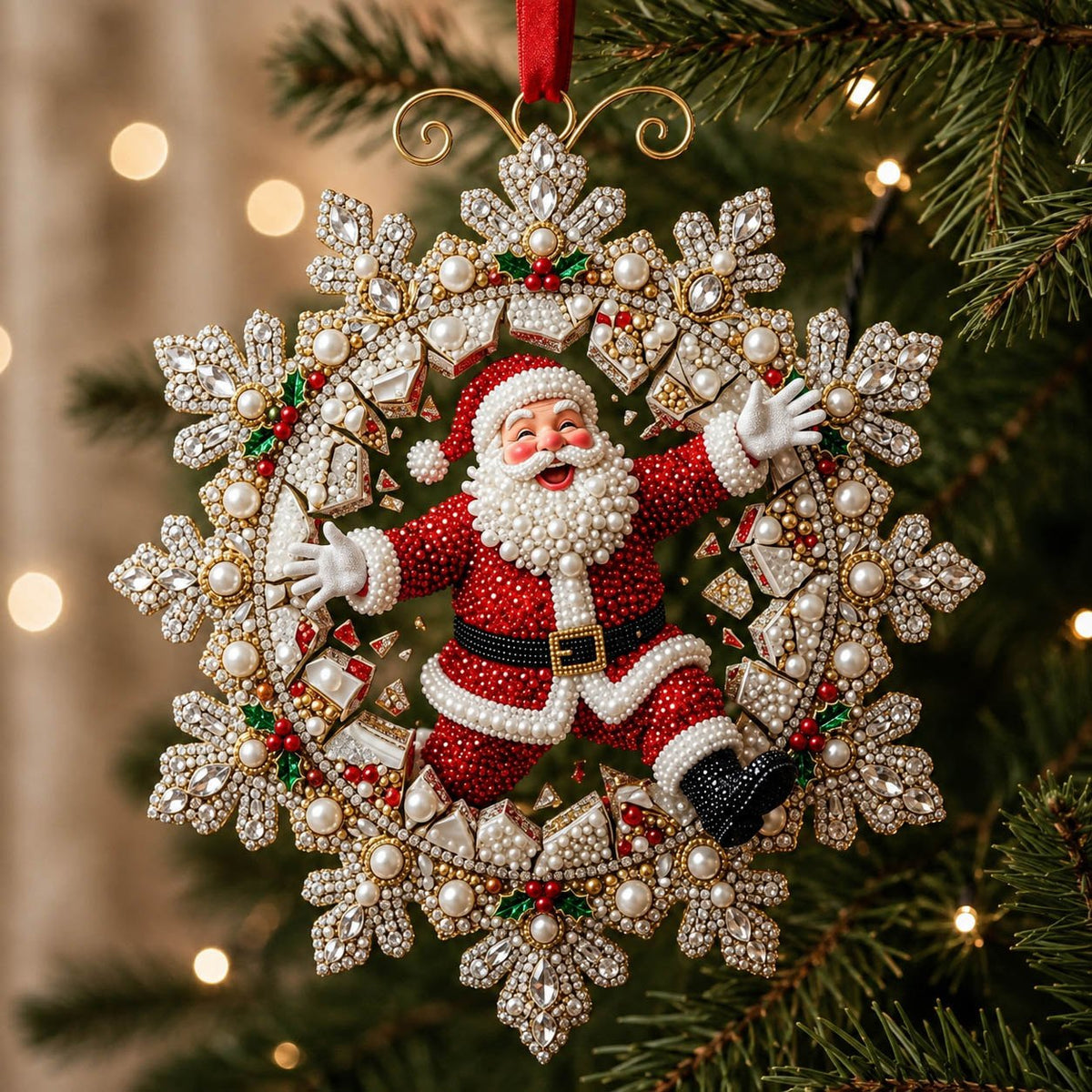 Pearl Snowflake Waving Santa Christmas Ornament
