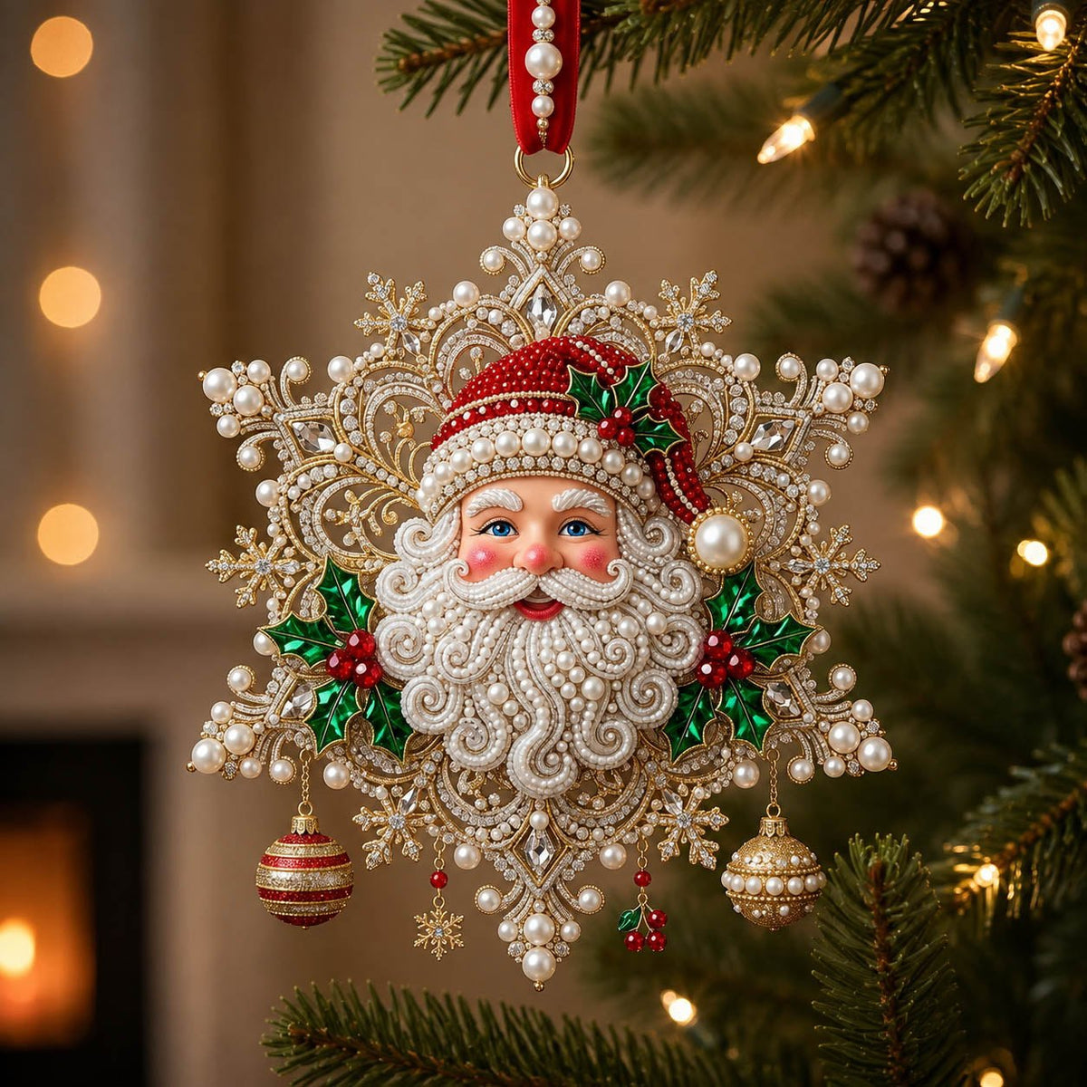 Pearl Santa Face Baubles Christmas Ornament