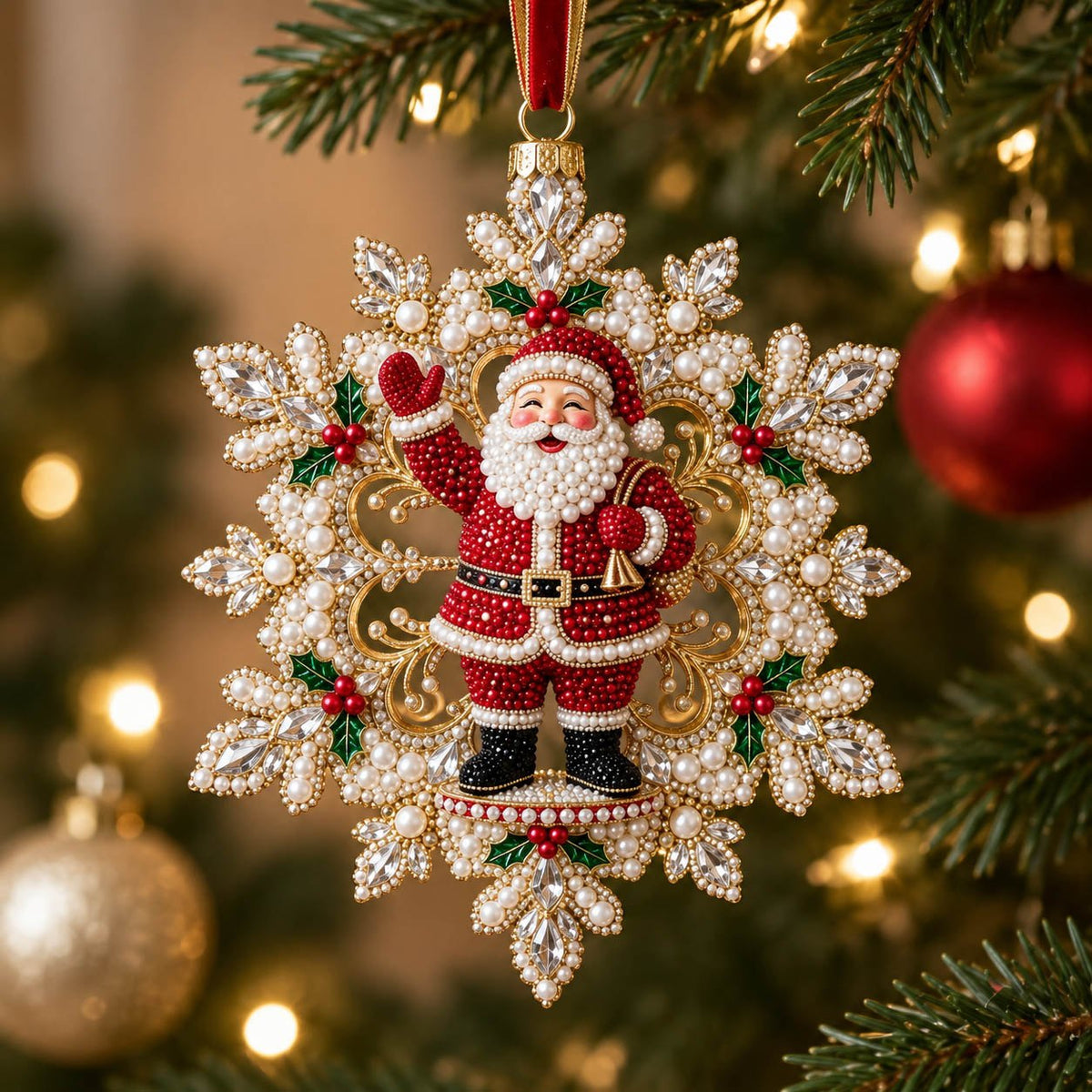 Gold Snowflake Standing Santa Christmas Ornament