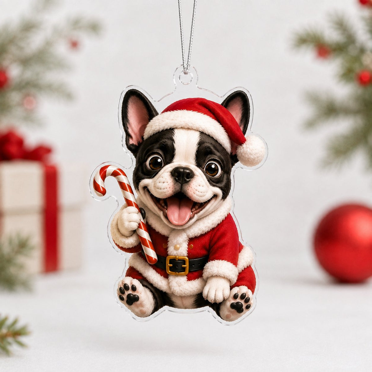 Boston Terrier in a Santa Suit Christmas Ornament