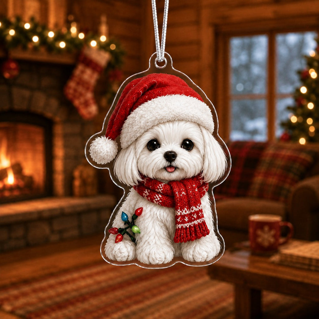Santa Hat Bichon Lights Christmas Ornament