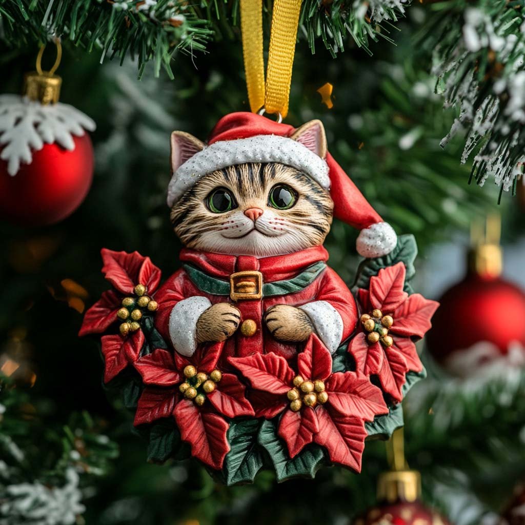Poinsettia Santa Kitten Christmas Ornament
