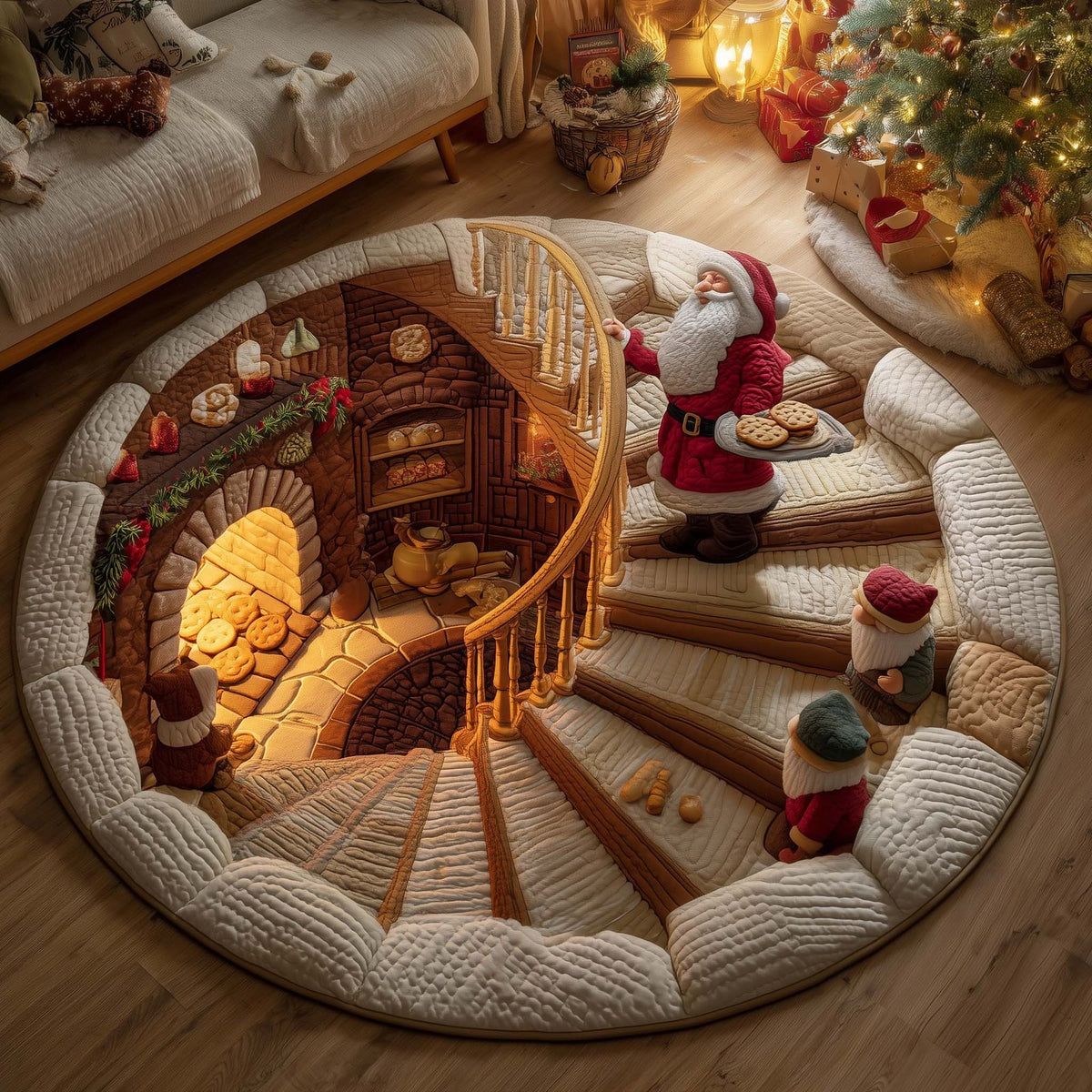 Santa Bakery Christmas Round Mat Rug - washable non-slip printed rug