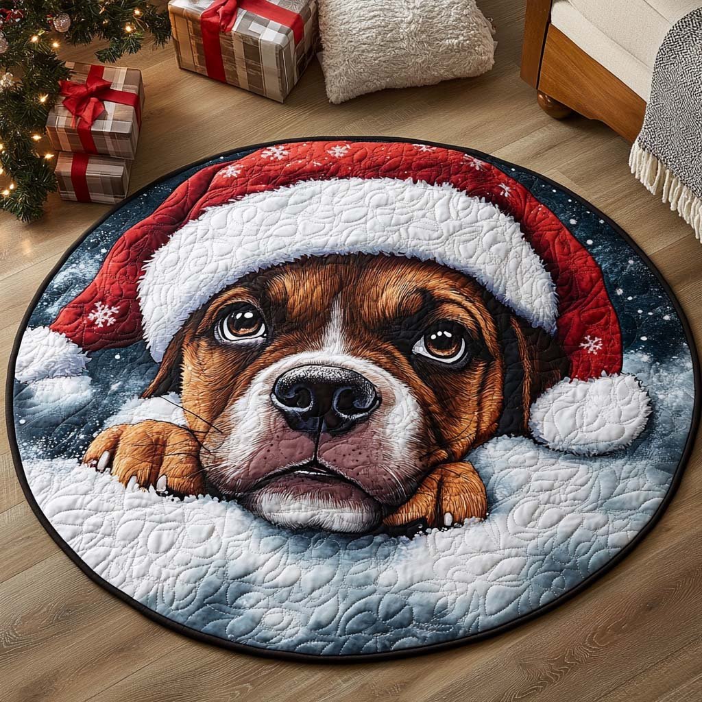 Santa Boxer Christmas Round Mat Rug - washable non-slip printed rug