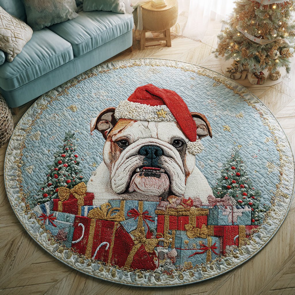 Santa Bulldog Christmas Round Mat Rug - washable non-slip printed rug