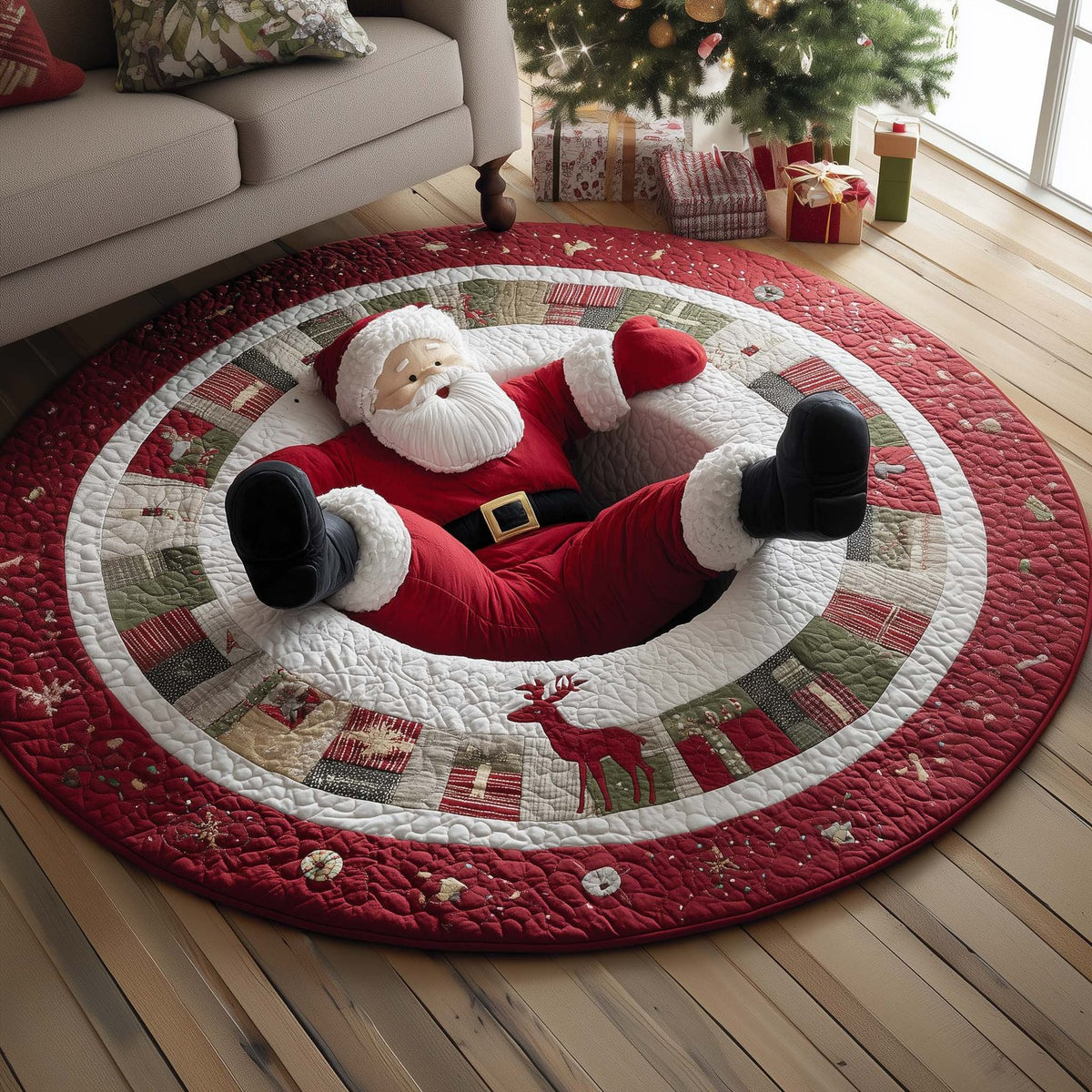 Santa Charm Christmas Round Mat Rug - washable non-slip printed rug
