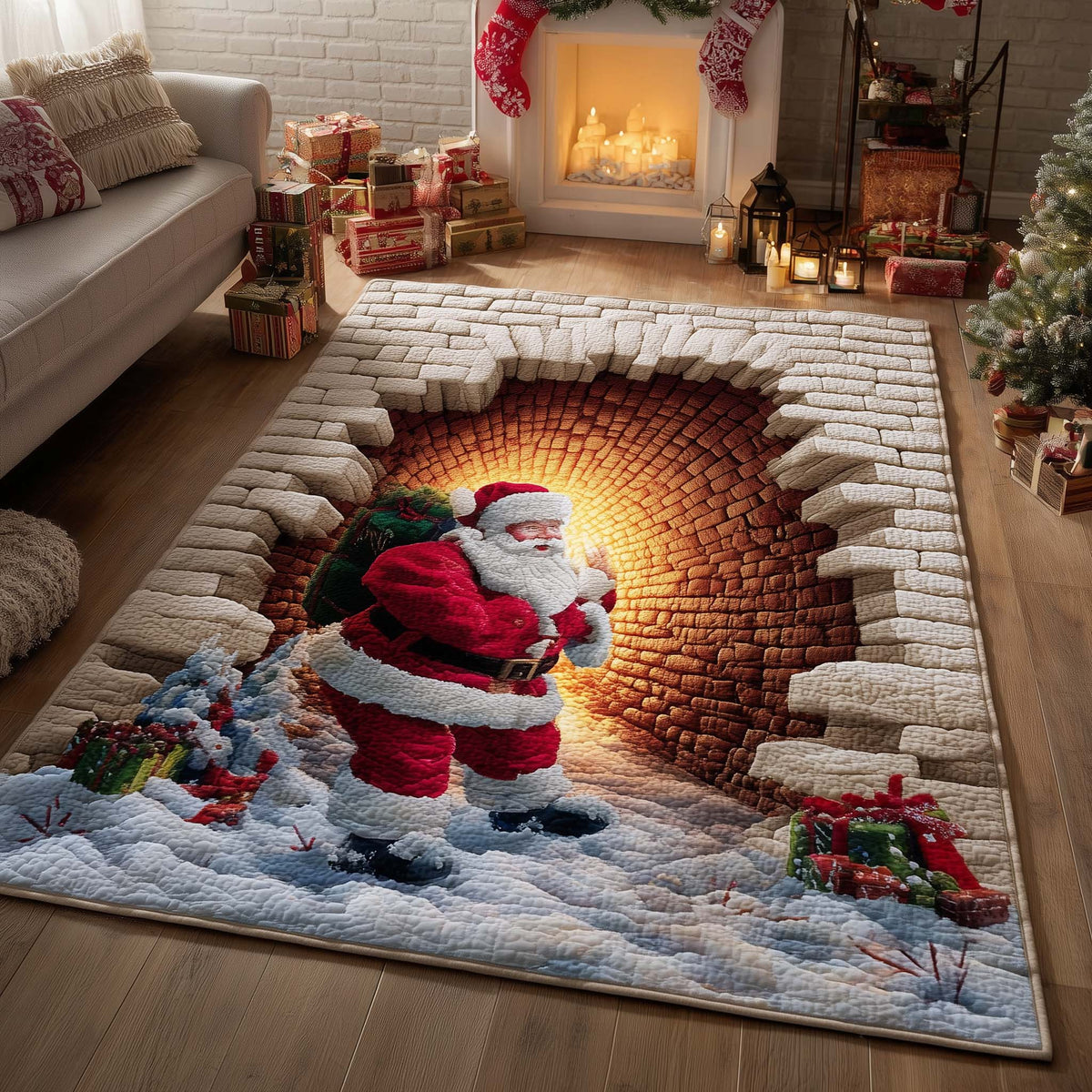 Santa Chimney Tunnel area rug in a living room