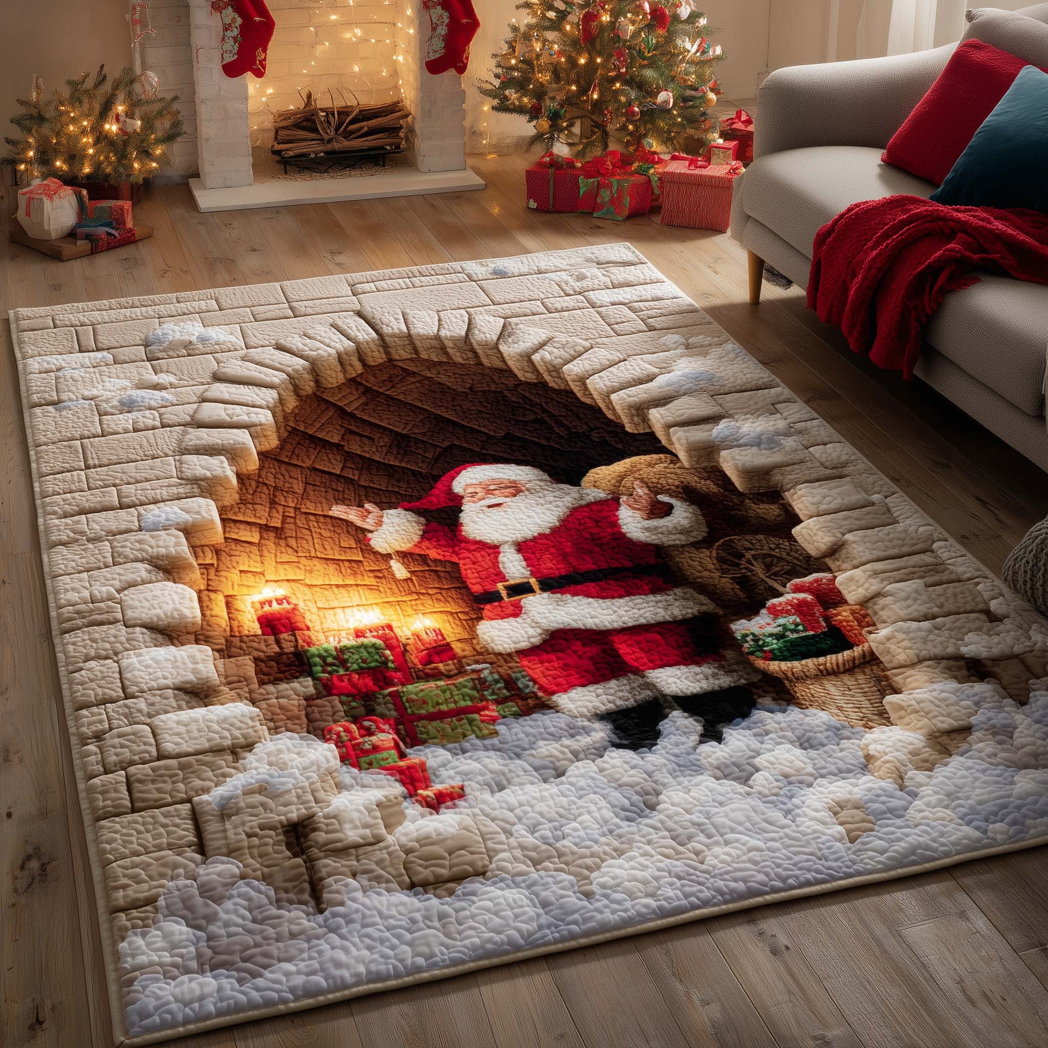 Santa Chimney Tunnel area rug in a living room