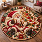 Santa Christmas Gingerbread Round Mat Rug - Seasonal Design | Festive Home Decor - washable non-slip printed rug