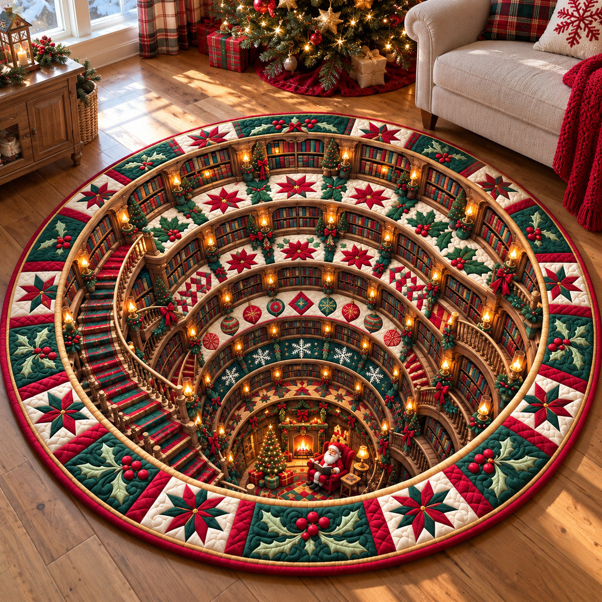 Santa Christmas Library Round Mat Rug - Seasonal Design | Festive Home Decor - washable non-slip printed rug