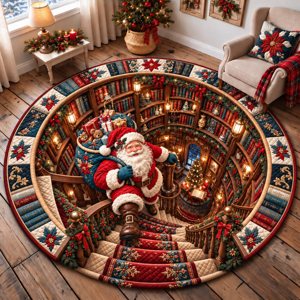 Santa Christmas Library Round Mat Rug - Seasonal Design | Seasonal Round Rug - washable non-slip printed rug