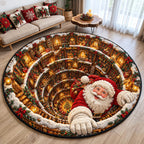 Santa Christmas Library Round Mat Rug - Seasonal Design | Seasonal Round Area Rug - washable non-slip printed rug