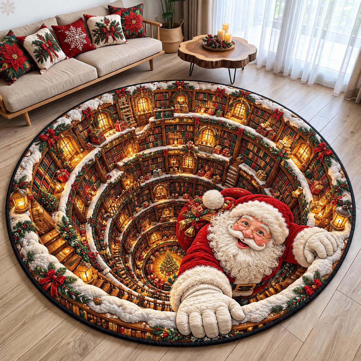 Santa Christmas Library Round Mat Rug - Seasonal Design | Seasonal Round Area Rug - washable non-slip printed rug