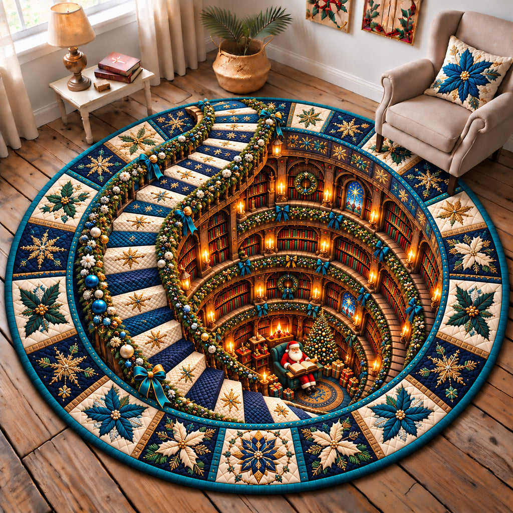 Santa Christmas Reading Corner Round Mat Rug - Seasonal Design | Festive Home Decor - washable non-slip printed rug