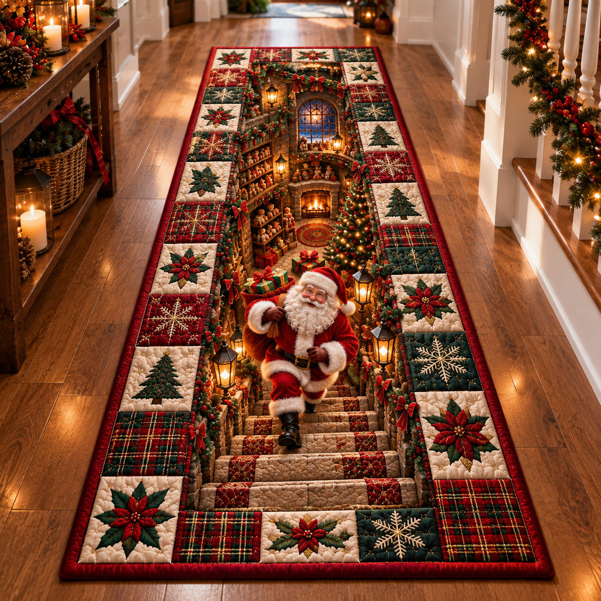 Santa Christmas Stairway Runner Rug - Seasonal Design | Festive Runner Rug - washable non-slip printed rug