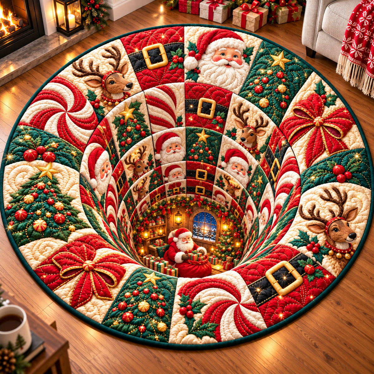 Santa Claus Chimney Round Mat Rug - Seasonal Design | Festive Home Decor - washable non-slip printed rug