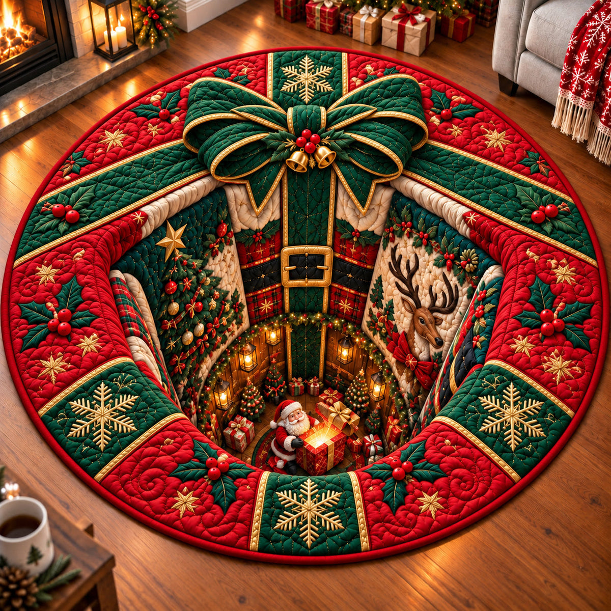 Santa Claus Christmas Round Mat Rug - Seasonal Design | Festive Home Decor - washable non-slip printed rug