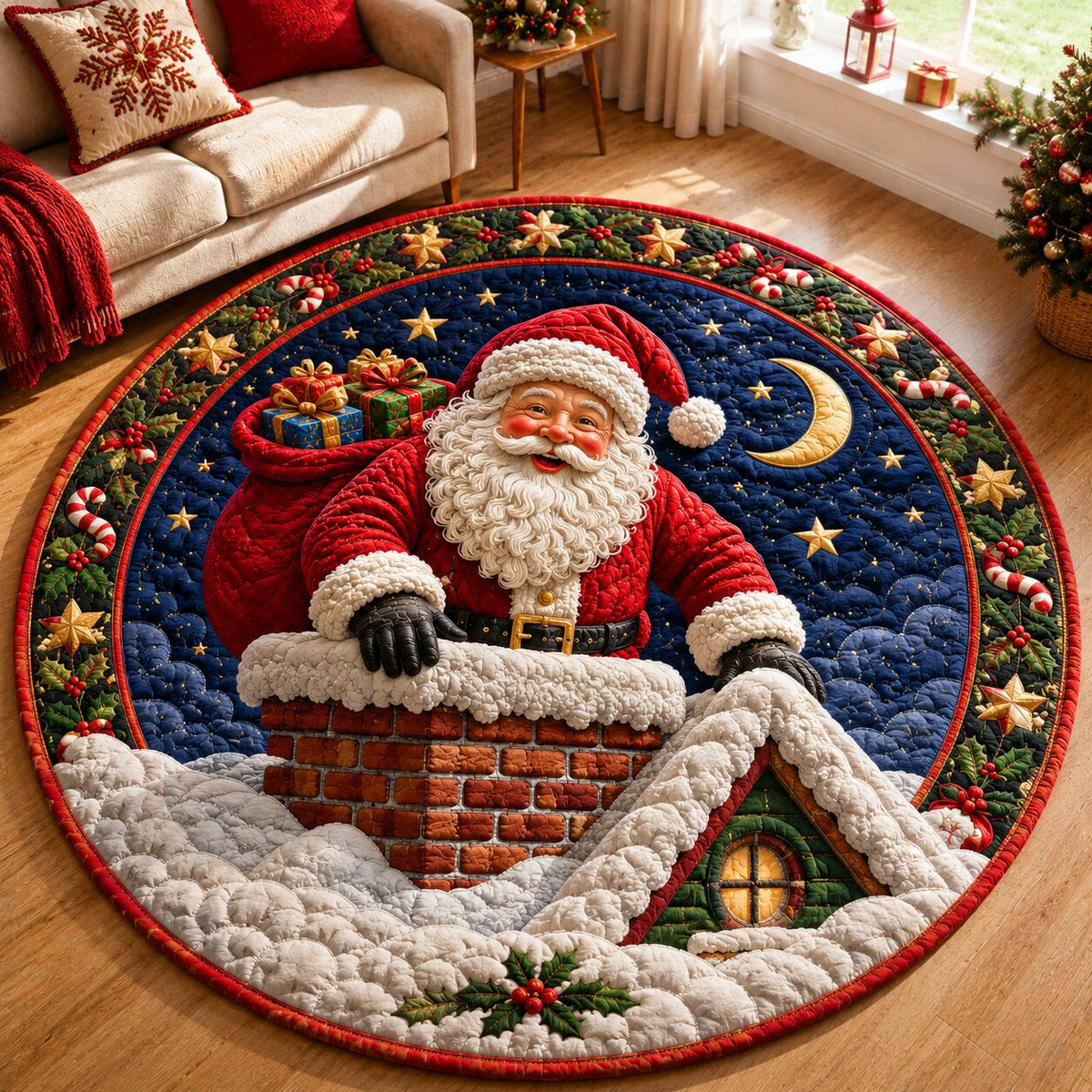 Santa Claus Delivery Round Mat Rug - Seasonal Design | Festive Home Decor - washable non-slip printed rug
