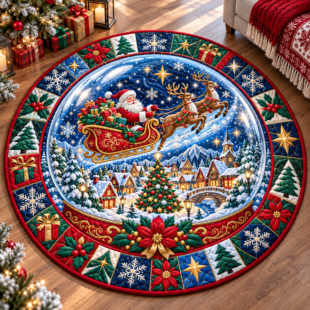 Santa Claus Festive Round Mat Rug - Seasonal Design | Festive Home Decor - washable non-slip printed rug
