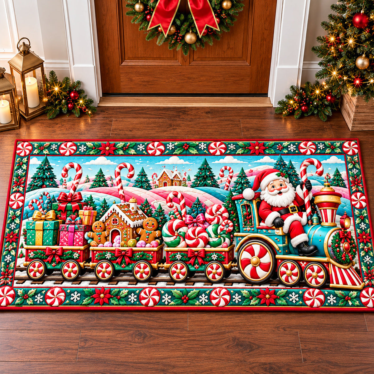 Santa Claus Gathering Runner Rug - Seasonal Design | Festive Runner Rug - washable non-slip printed rug