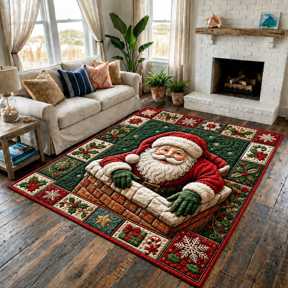 Santa Claus Holiday area rug in a living room