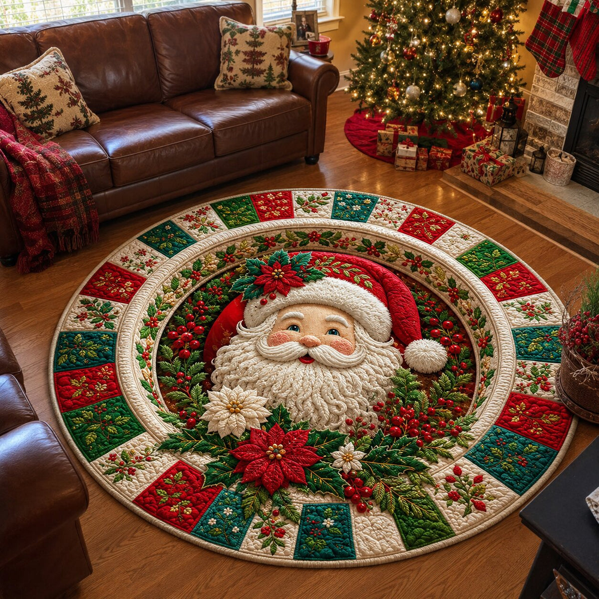 Santa Claus Journey Round Mat Rug - Seasonal Design | Festive Home Decor - washable non-slip printed rug