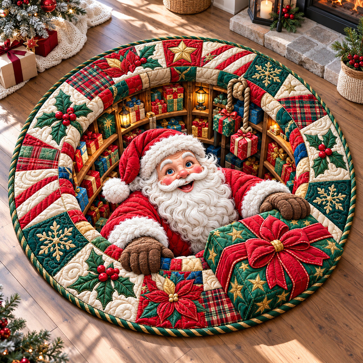 Santa Claus Magics Round Mat Rug - Seasonal Design | Festive Home Decor - washable non-slip printed rug