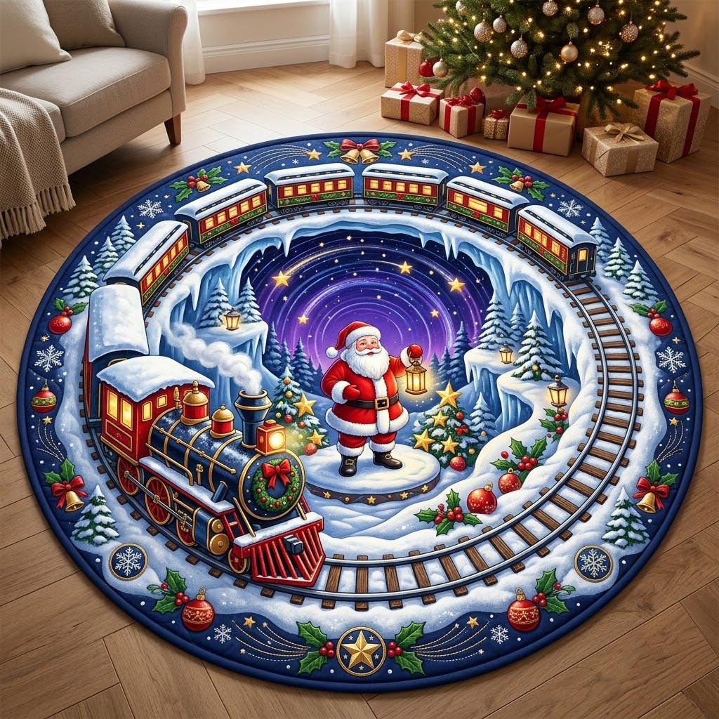 Santa Claus Round Mat Rug - Seasonal Design | Seasonal Round Area Rug - washable non-slip printed rug