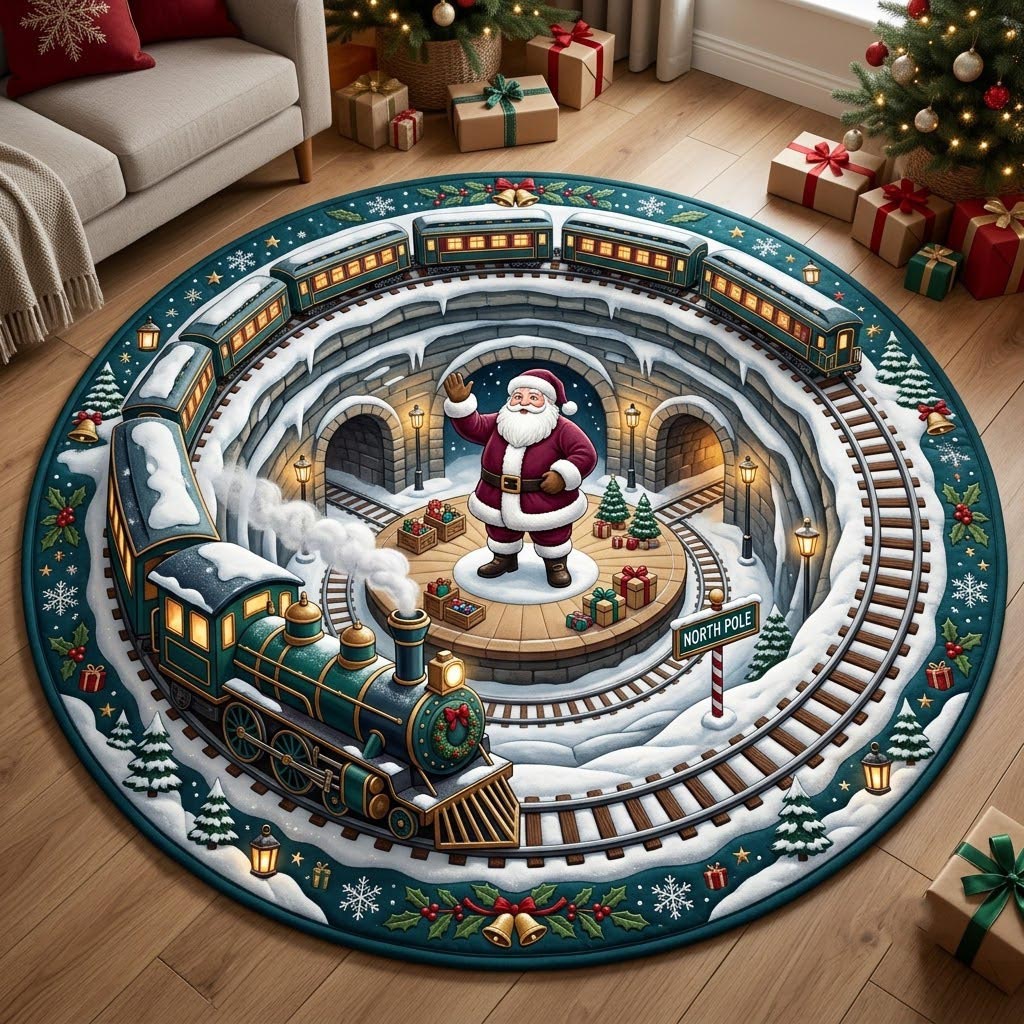Santa Claus Round Mat Rug - Seasonal Design | Seasonal Circle Rug - washable non-slip printed rug