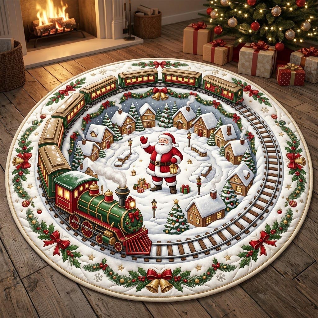 Santa Claus Round Mat Rug - Seasonal Design | Seasonal Round Carpet - washable non-slip printed rug