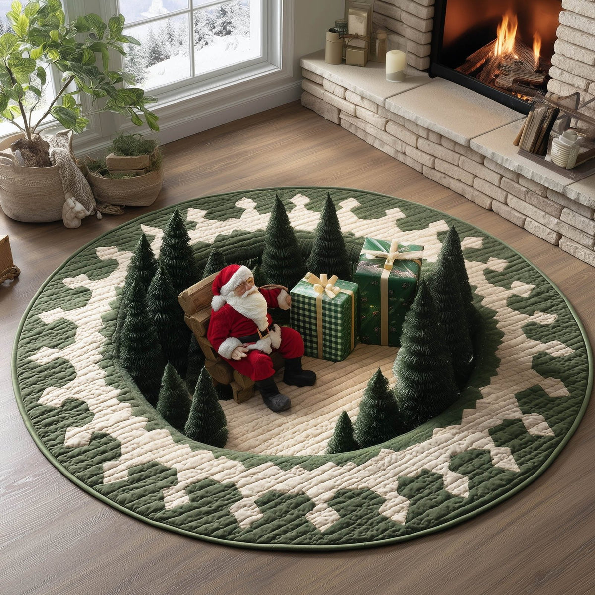 Santa Claus Christmas Round Mat Rug - washable non-slip printed rug