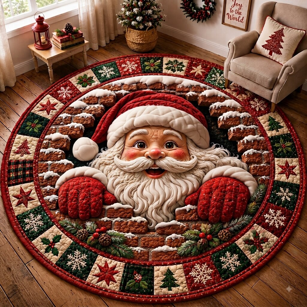 Santa Claus Red Round Mat Rug - Seasonal Design | Festive Home Decor - washable non-slip printed rug
