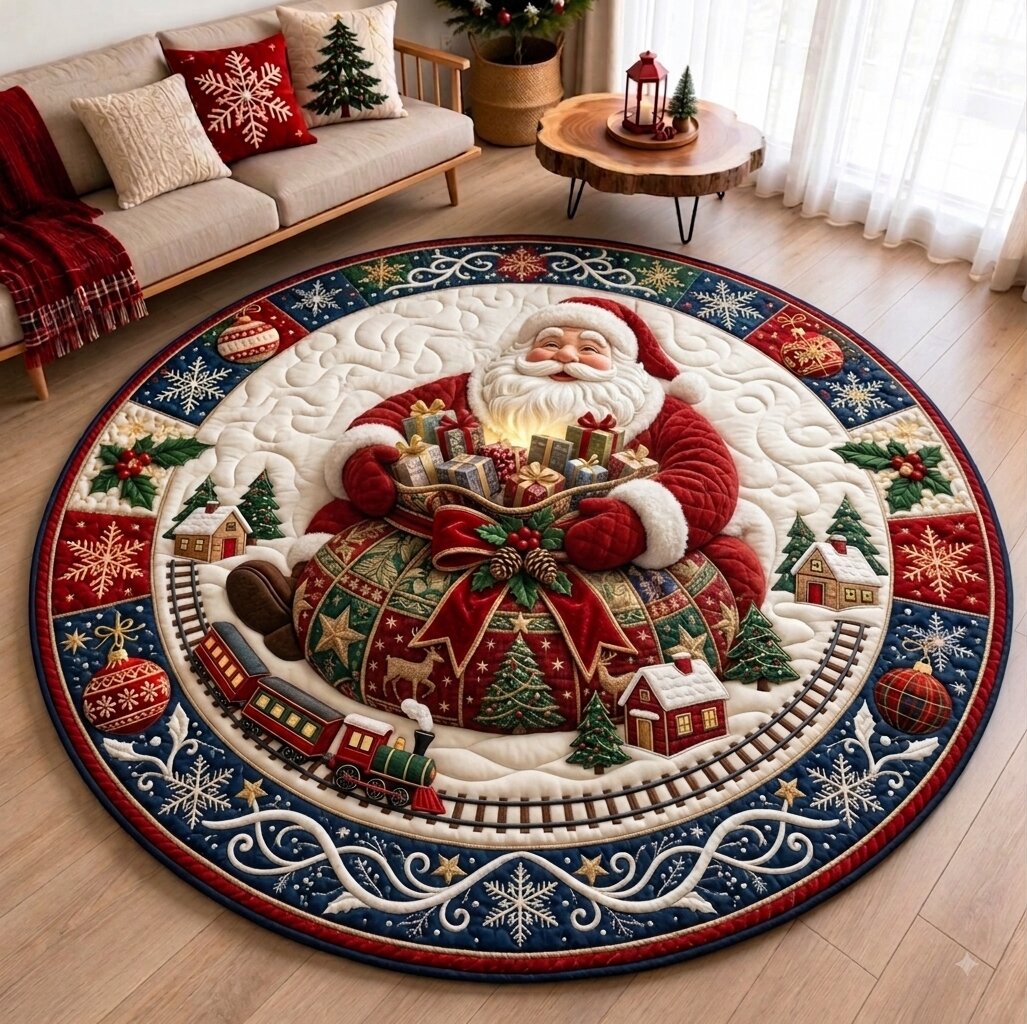 Santa Claus Secret Round Mat Rug - Seasonal Design | Festive Home Decor - washable non-slip printed rug