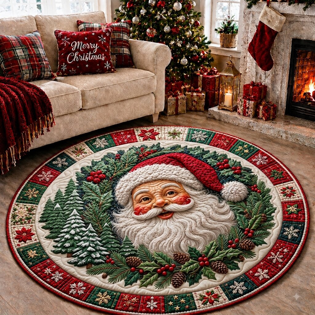 Santa Claus Spirit Round Mat Rug - Seasonal Design | Festive Home Decor - washable non-slip printed rug