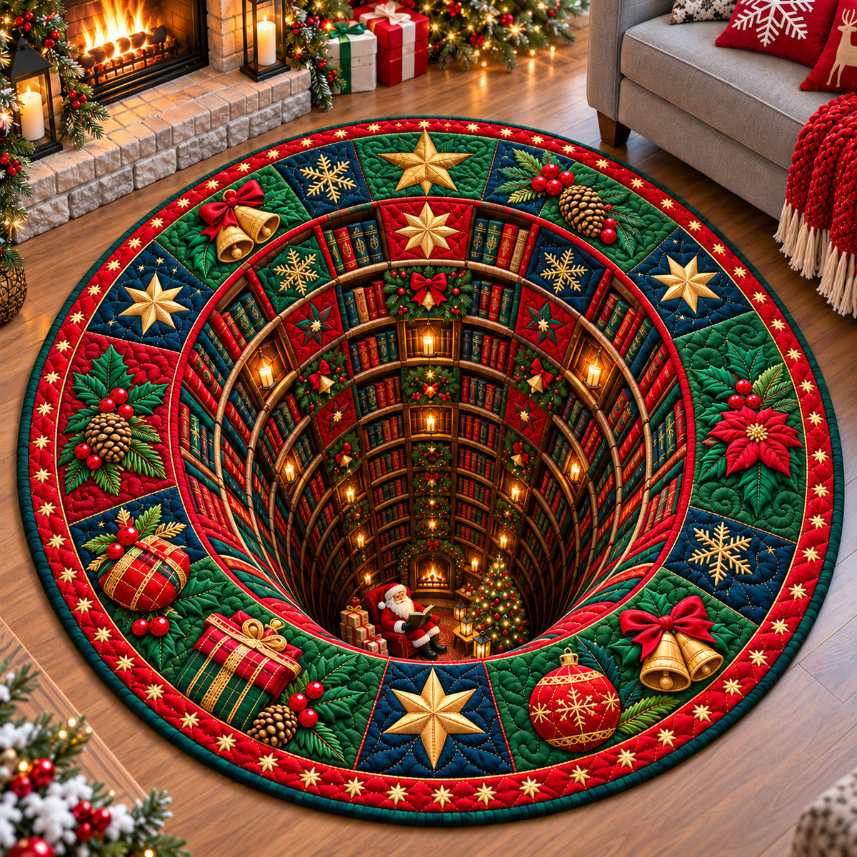 Santa Claus Toyshop Round Mat Rug - Seasonal Design | Festive Home Decor - washable non-slip printed rug