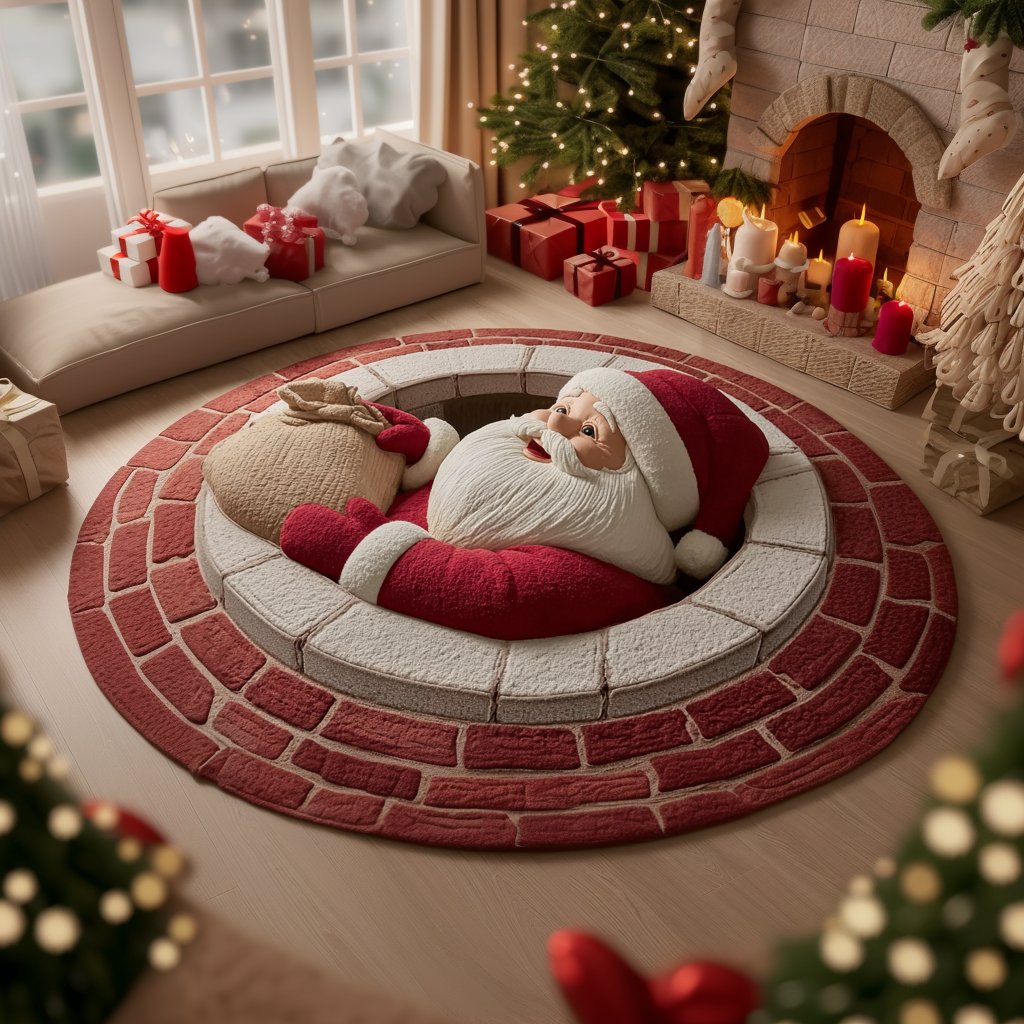 Santa Claus Trick Christmas Round Mat Rug - washable non-slip printed rug