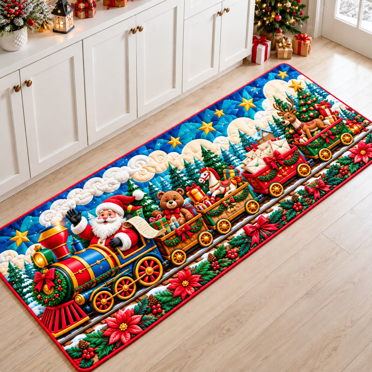 Santa Claus Village Runner Rug - Seasonal Design | Festive Runner Rug - washable non-slip printed rug
