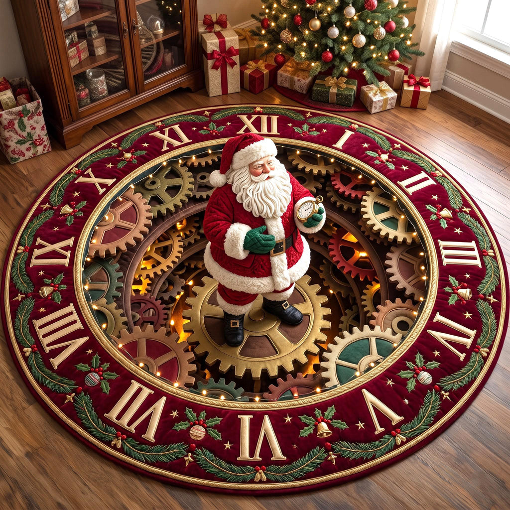 Santa Clockwork Round Mat Rug - Seasonal Design | Festive Home Decor - washable non-slip printed rug