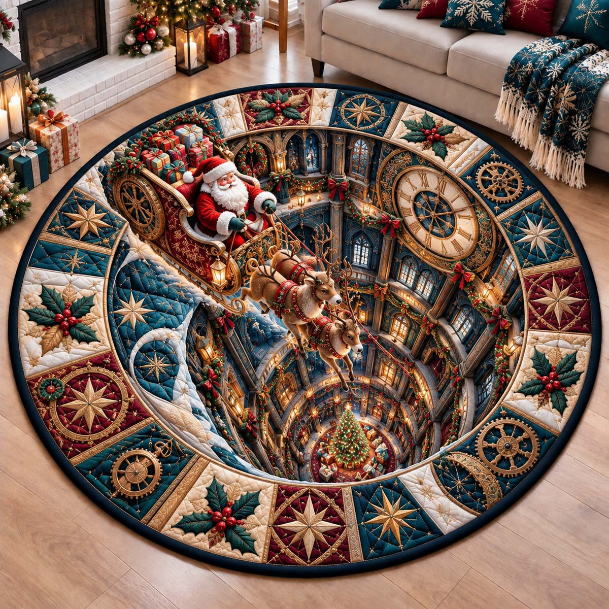 Santa Clockwork Vault Round Mat Rug - Seasonal Design | Festive Home Decor - washable non-slip printed rug