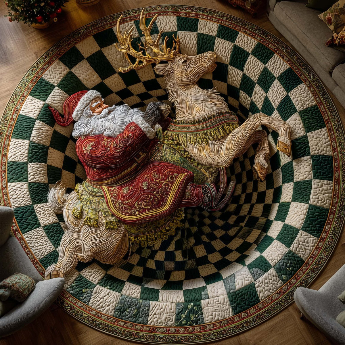 Santa Deer Christmas Round Mat Rug - washable non-slip printed rug