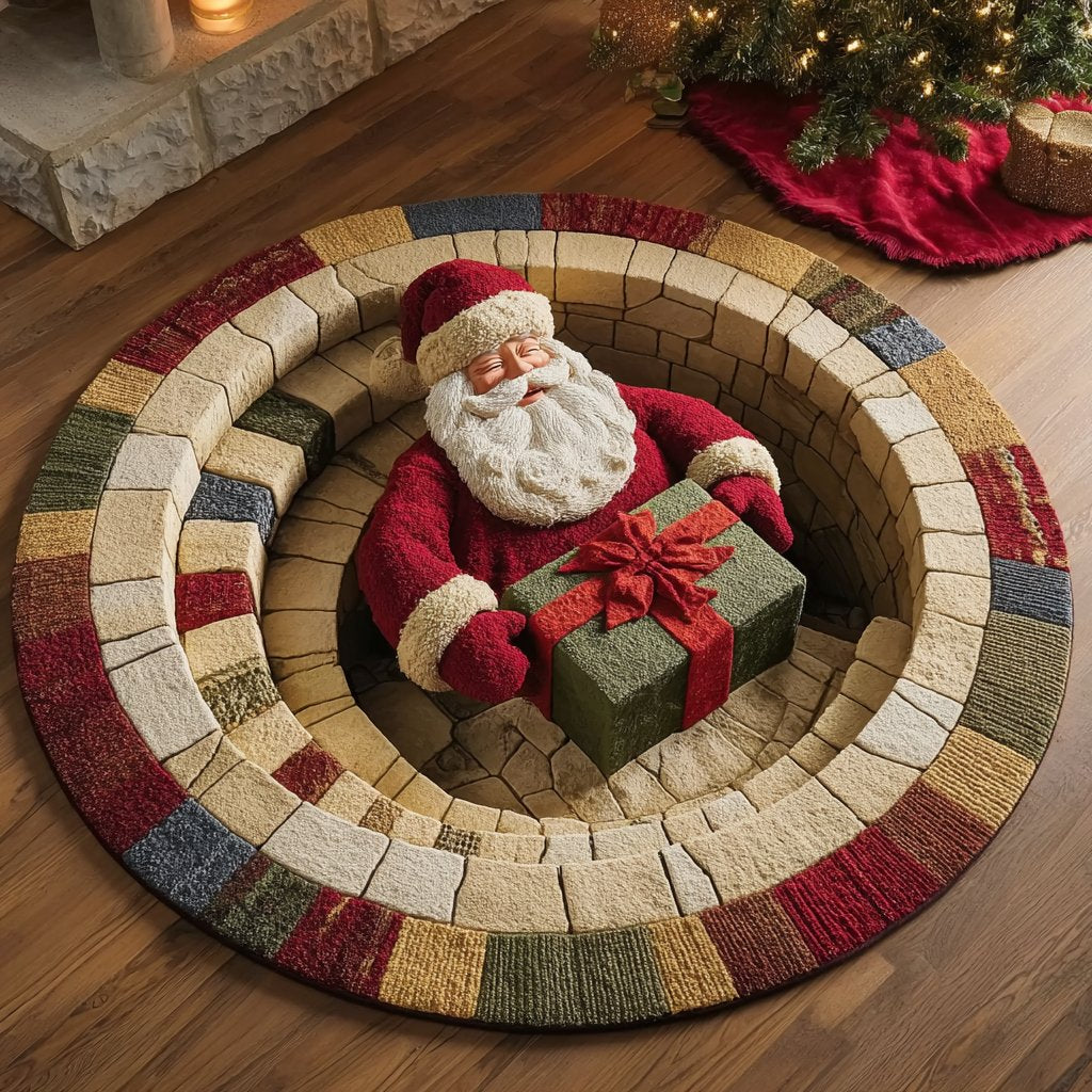 Santa Delight Christmas Round Mat Rug - washable non-slip printed rug