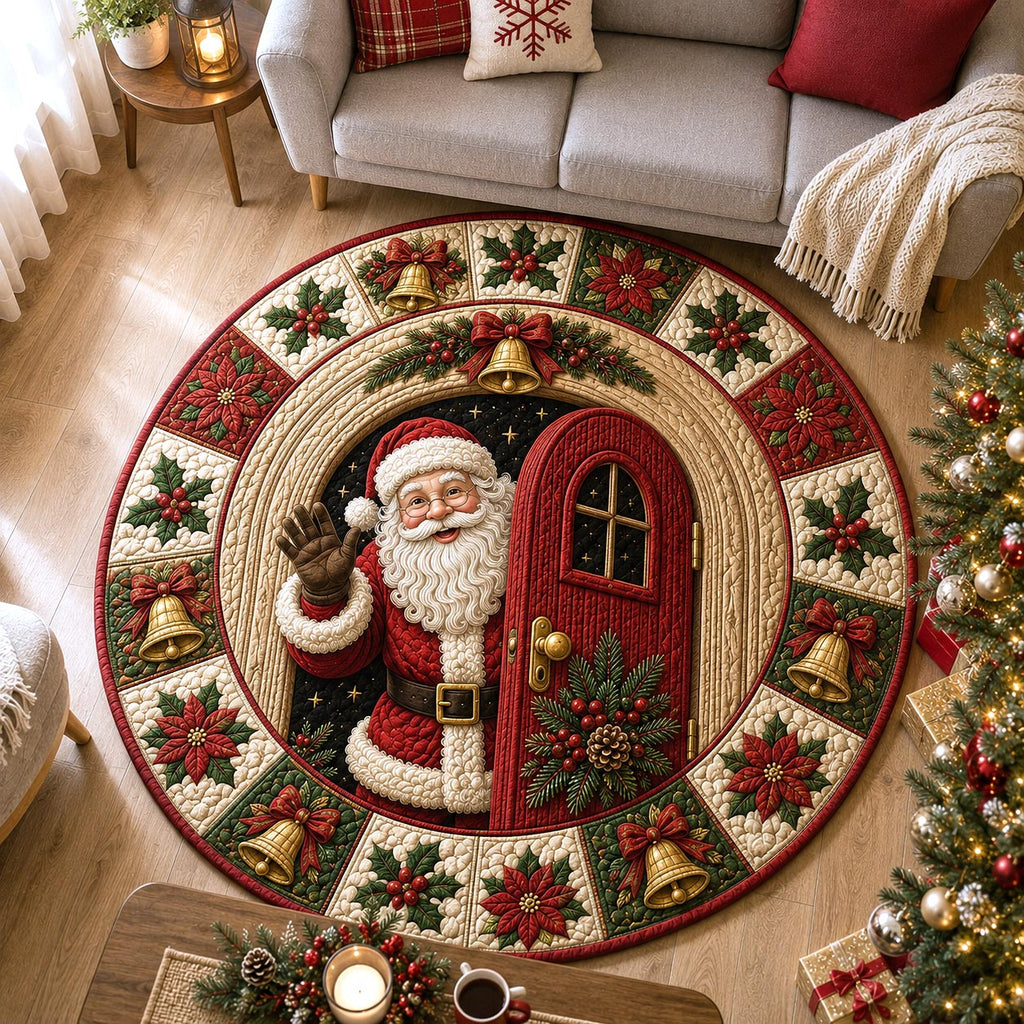 Santa Door Knock Round Mat Rug - Seasonal Design | Festive Home Decor - washable non-slip printed rug