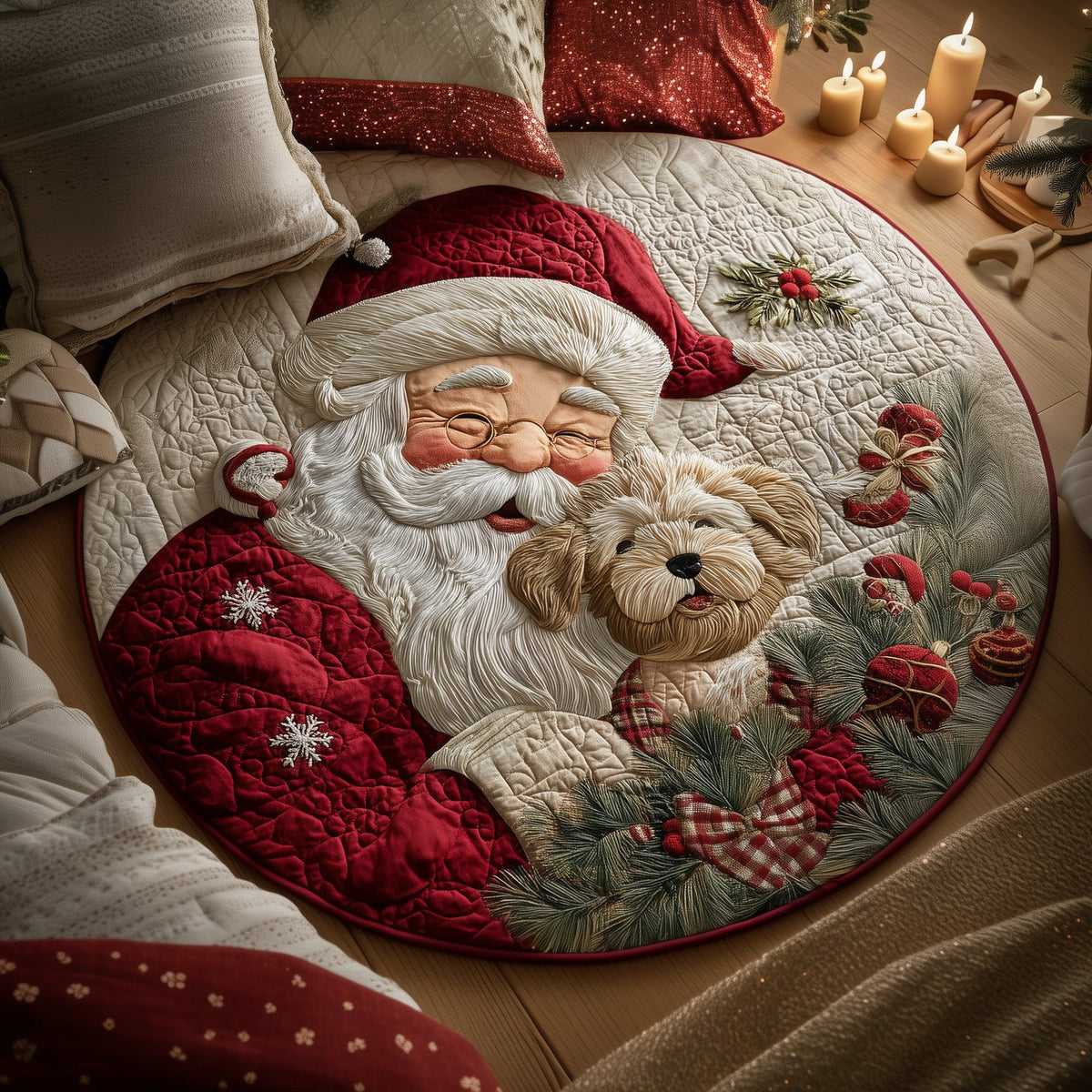 Santa Furry Friend Christmas Round Mat Rug - washable non-slip printed rug