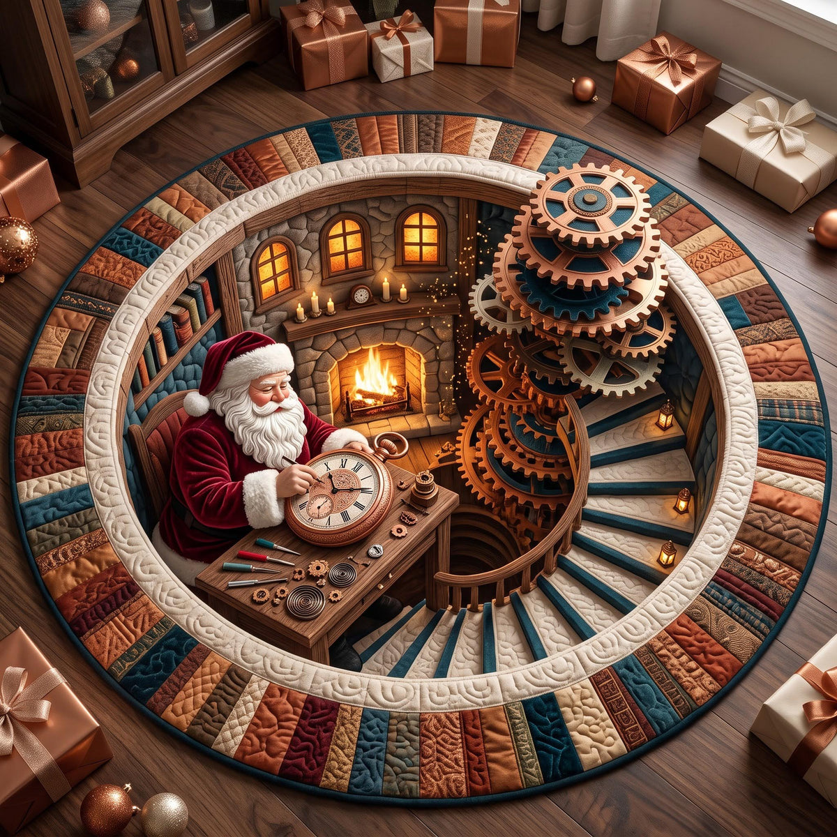 Santa Gearworks Round Mat Rug - Seasonal Design | Festive Home Decor - washable non-slip printed rug