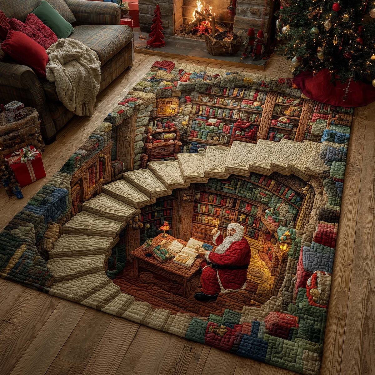 Santa Gift Vortex area rug in a living room