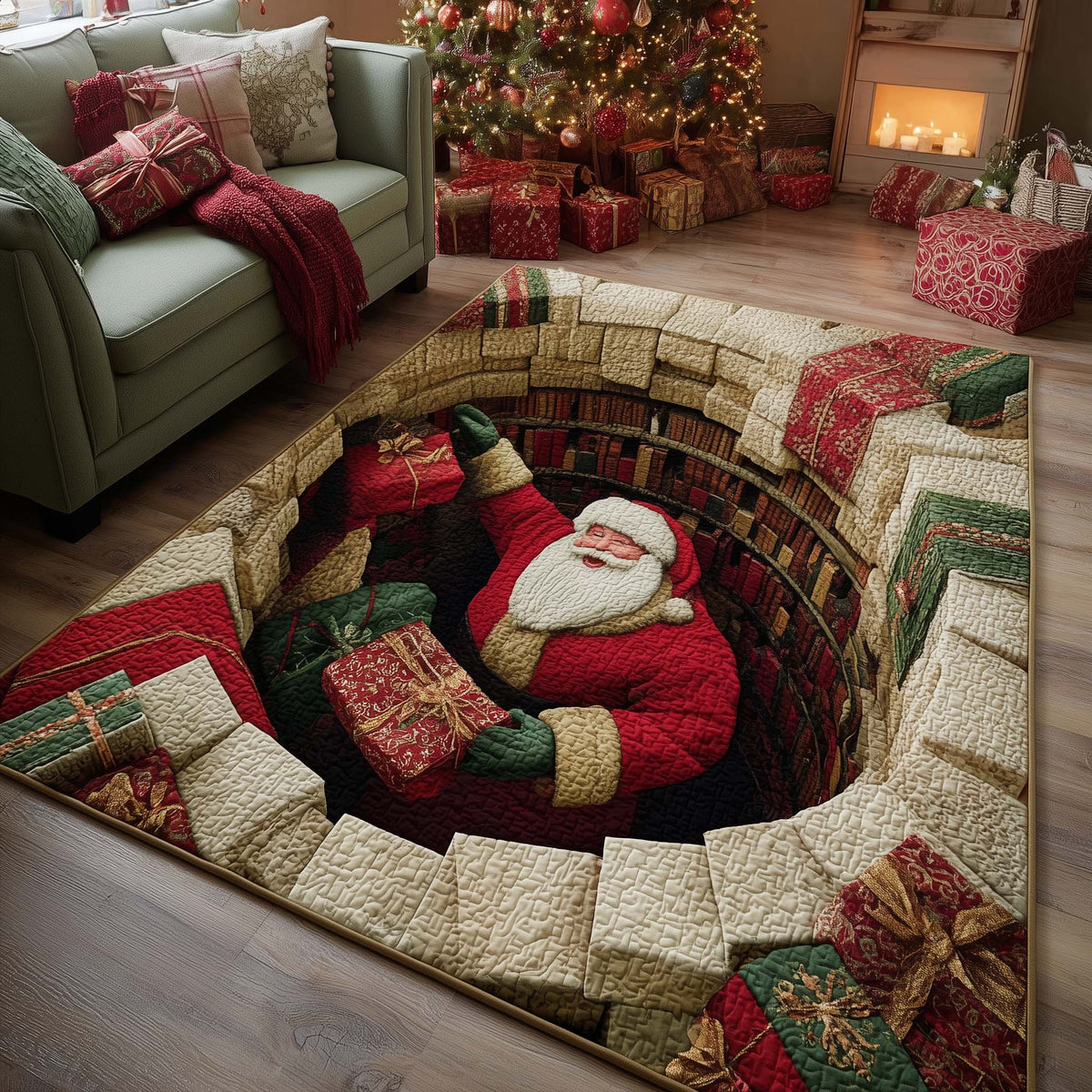 Santa Gift Vortex area rug in a living room