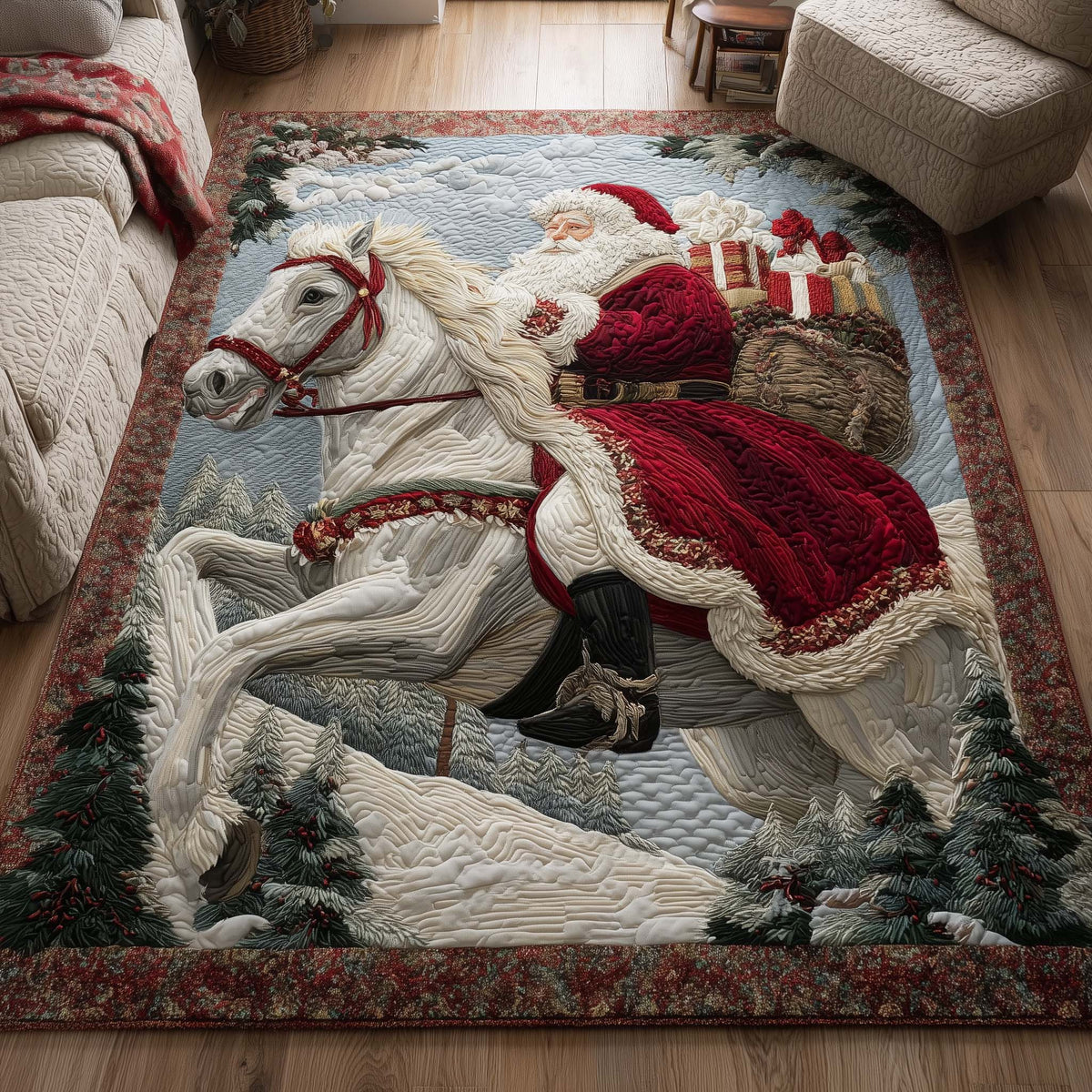 Santa Journey area rug in a living room
