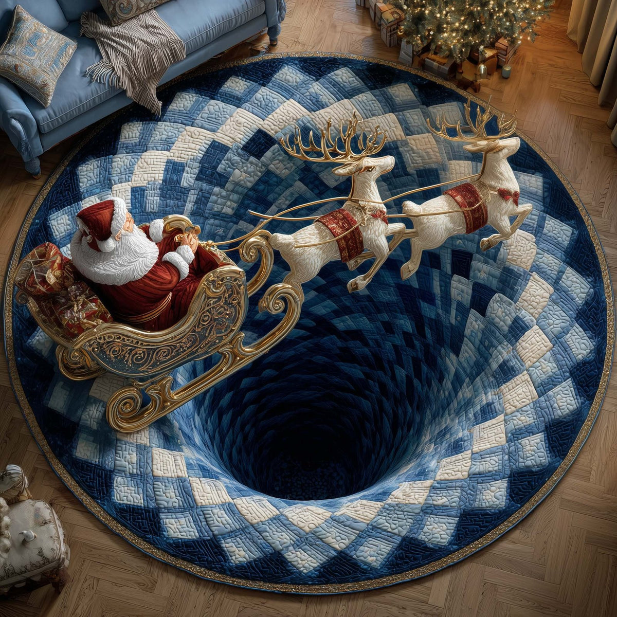 Santa Journey Christmas Round Mat Rug - washable non-slip printed rug