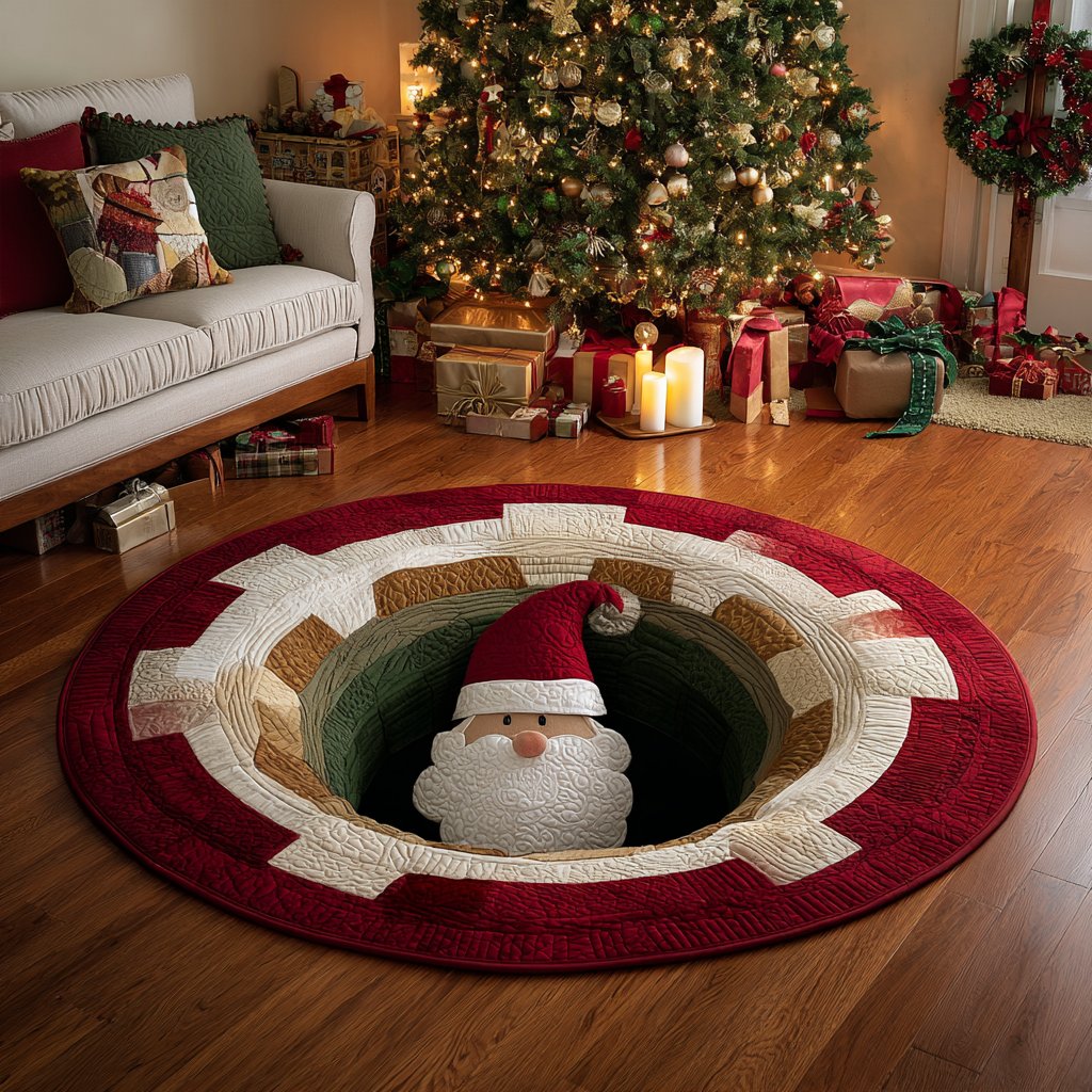 Santa Joy Christmas Round Mat Rug - washable non-slip printed rug